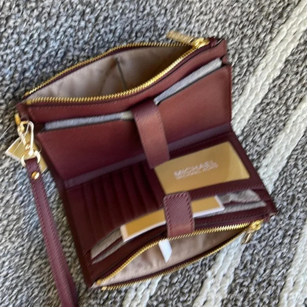 Michael Kors Jet Set Travel Large Double Zip Wristlet Wallet Dark Cherry Leather